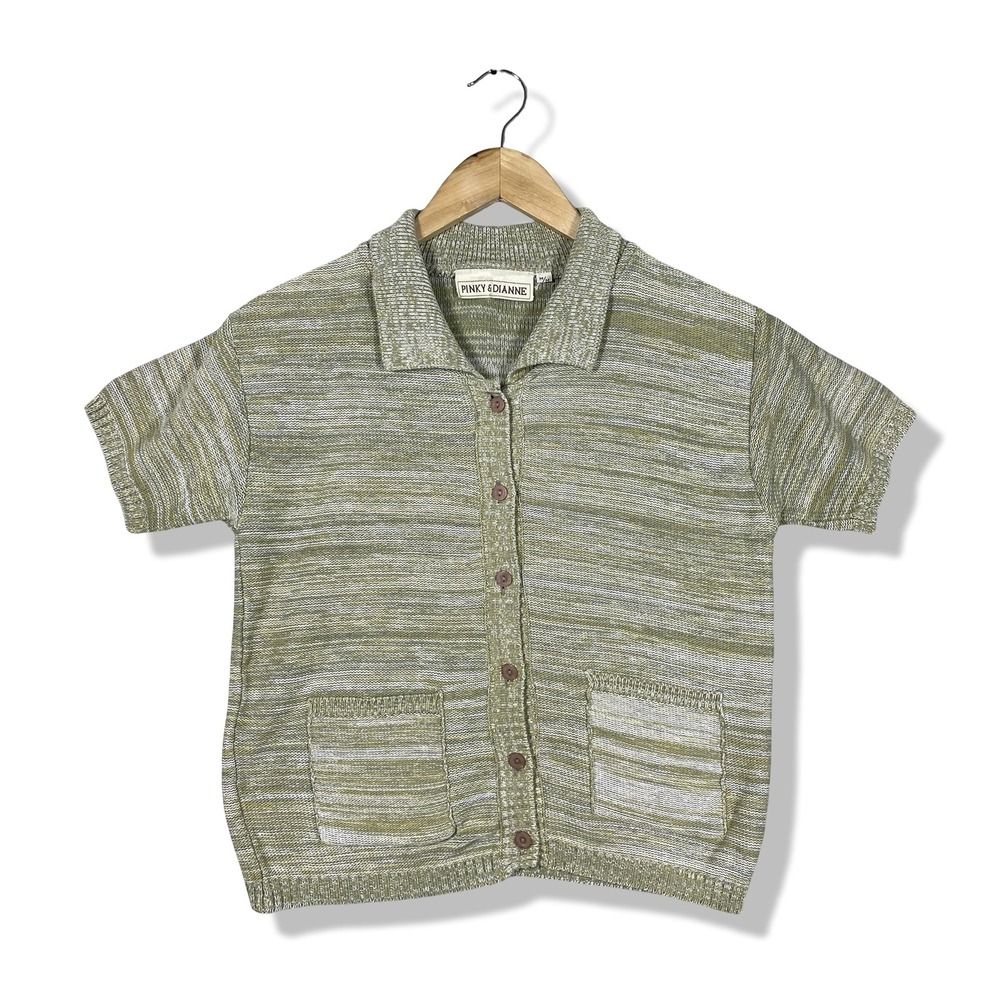 Pinky & Dianne Green Striped Knit Button‎ Up Shirt Womens M Crop Grandma Retro